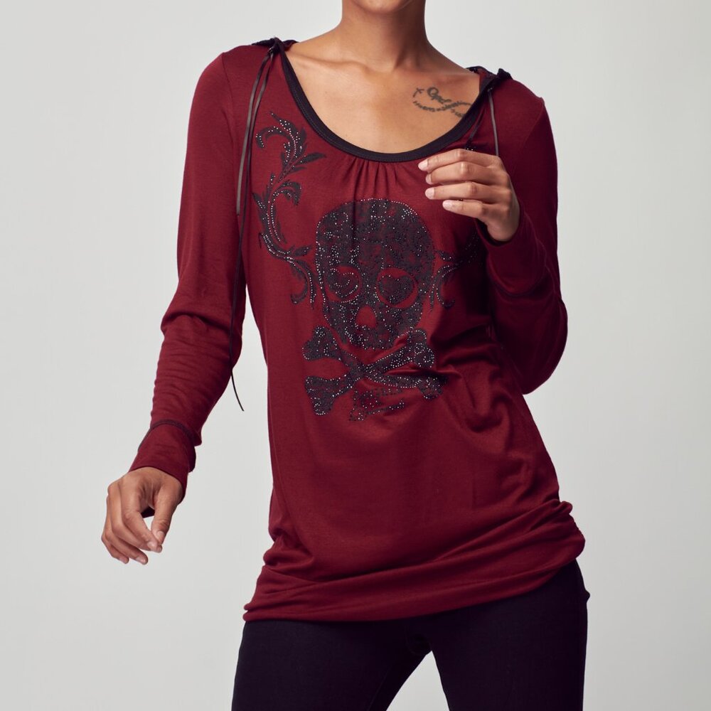 Women's Vintage Skull Head Bling Angels & Diamonds Long Sleeve Laced Hoodie Top